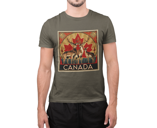 Canada Deer Graphic Tee — Vintage Maple Leaf Travel Shirt