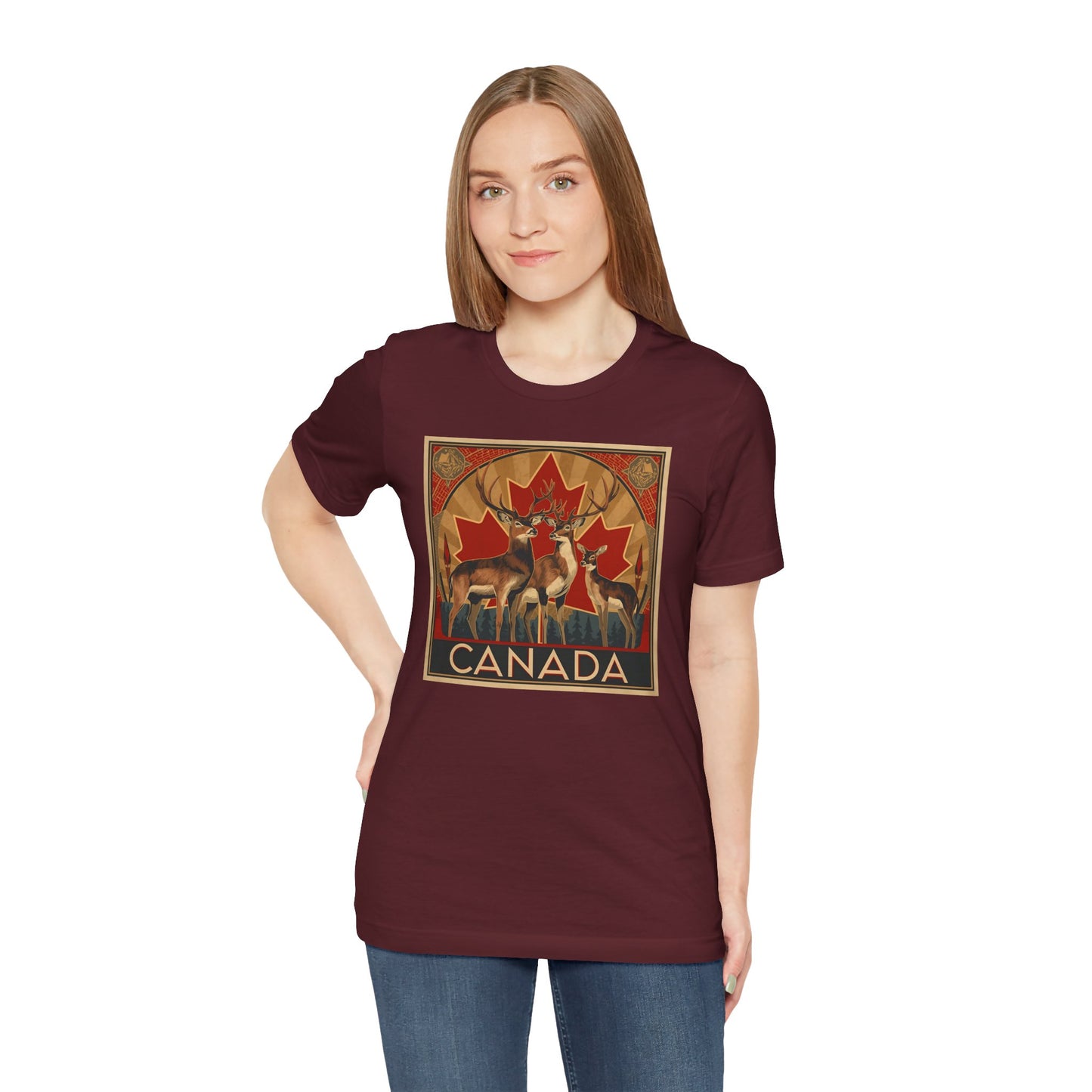 Canada Deer Graphic Tee — Vintage Maple Leaf Travel Shirt