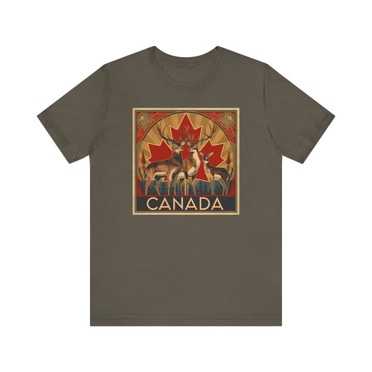 Canada Deer Graphic Tee — Vintage Maple Leaf Travel Shirt