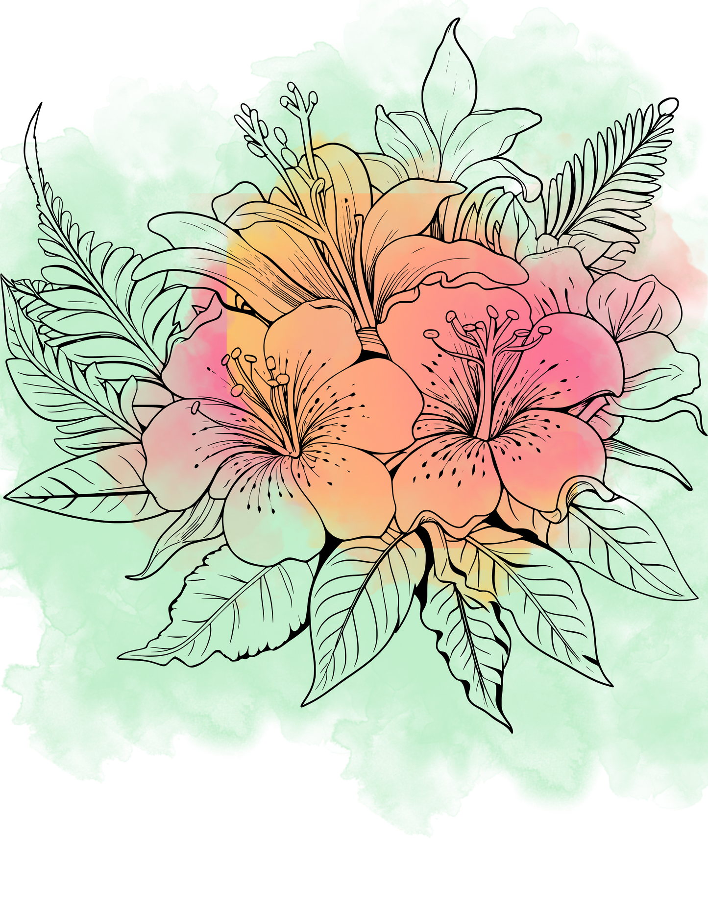 Watercolour flowers, green and peach