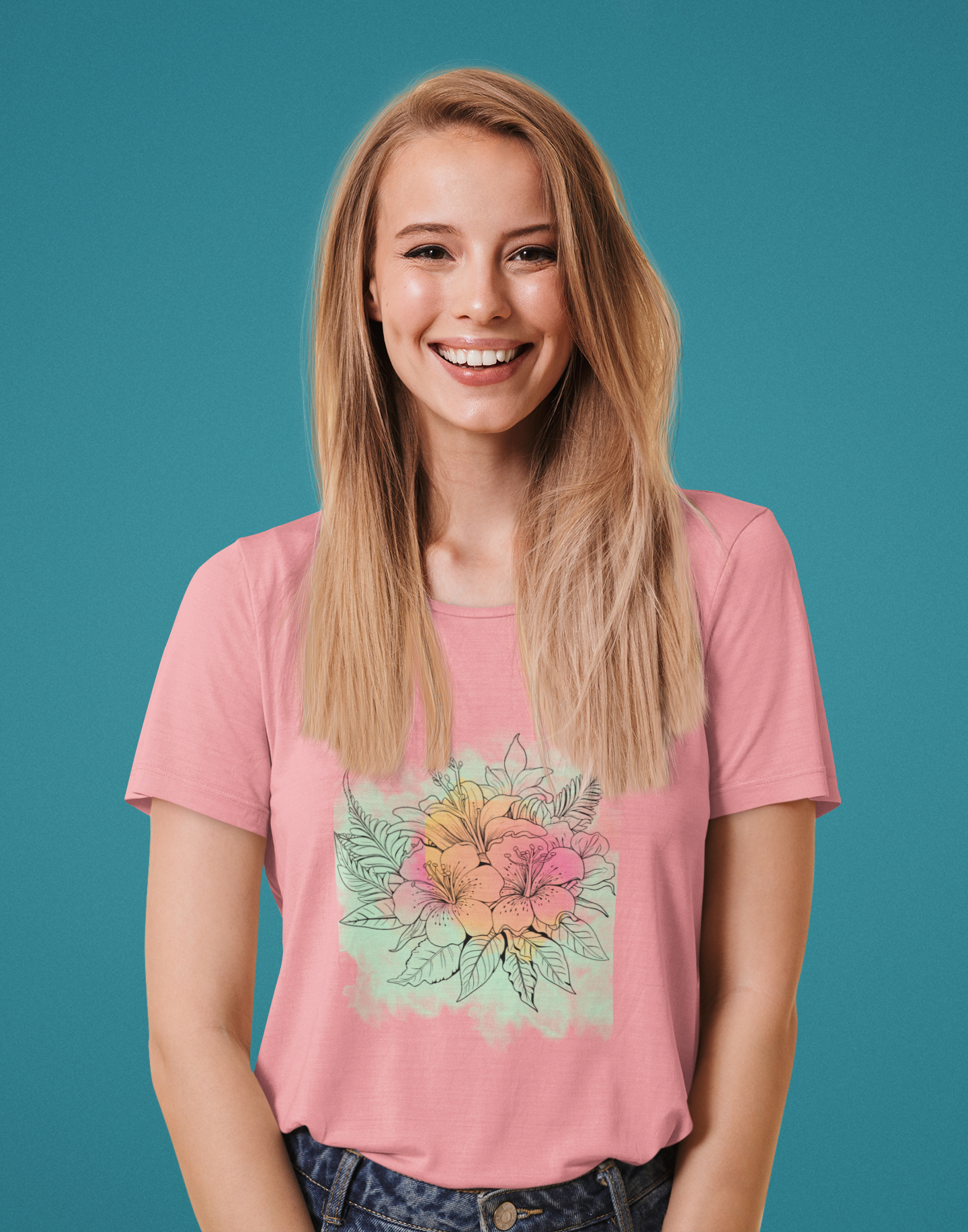 Watercolour flowers, green and peach