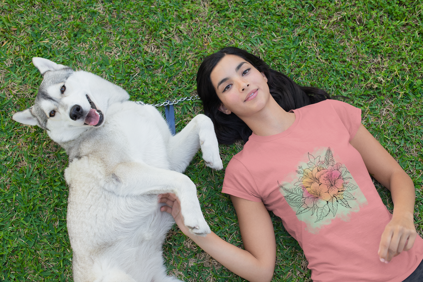 Watercolour flowers, green and peach